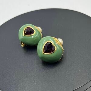 Joan Rivers Vintage Green Enamel Purple Rhinestone Puffy Heart Clip-On Earrings
